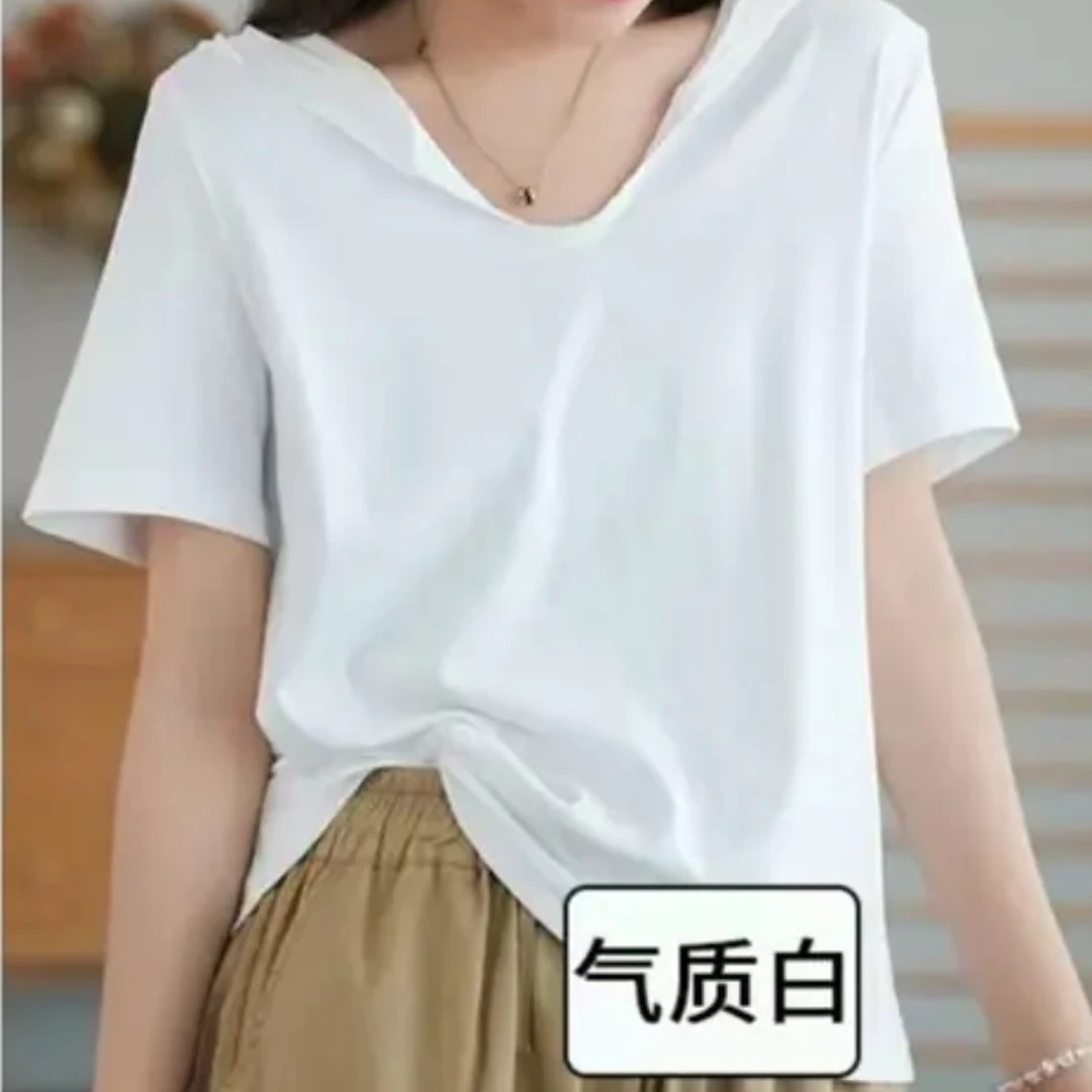 MF-夏季气质时尚休闲宽松套头连帽短袖显瘦洋气纯色设计感白色