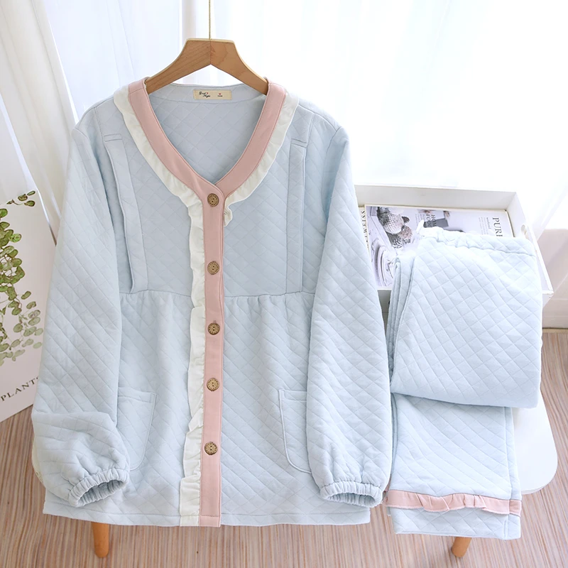 纯棉待产月子服产后喂奶期空气棉夹棉哺乳孕妇睡衣套装