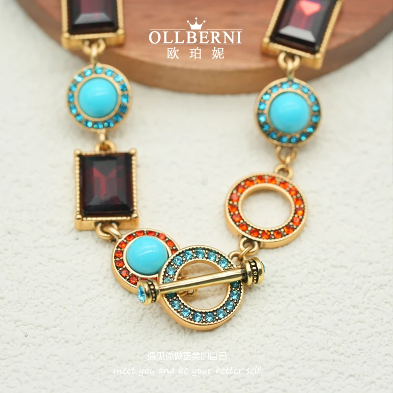 铜合金项链 复古蓝色手工项链女2030