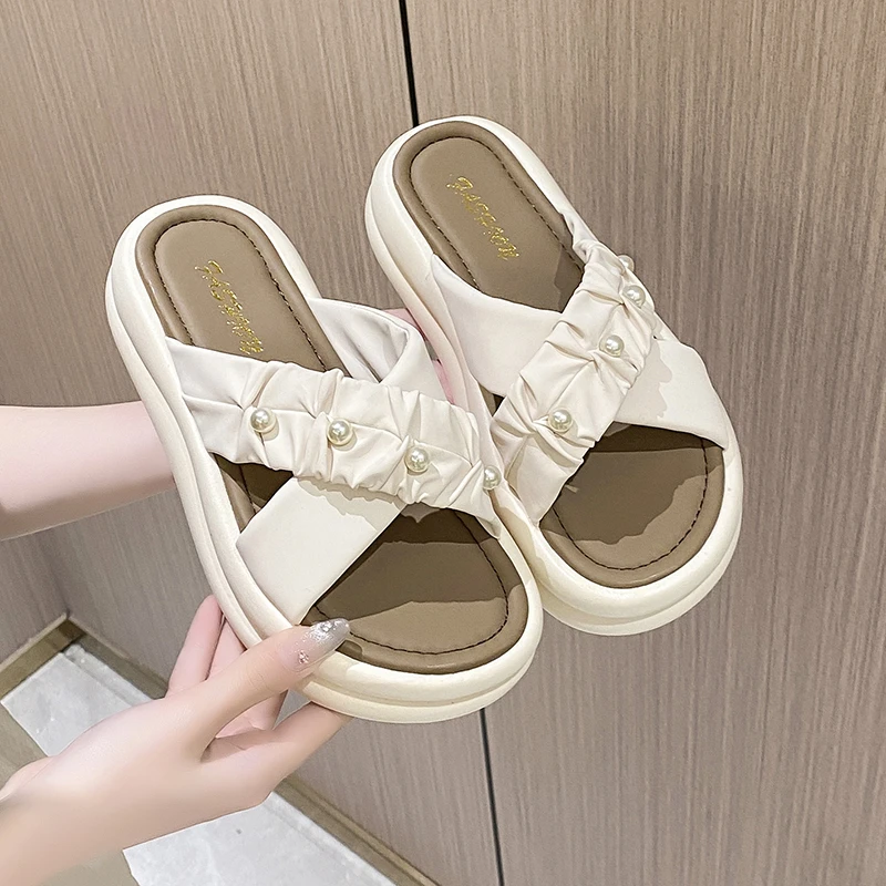 【RIACH】'珍珠点缀'2024新款时尚交叉增高厚底百搭外穿软底拖鞋女