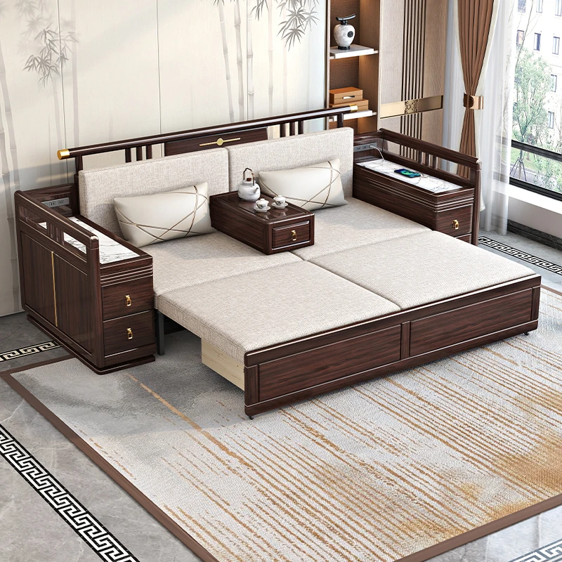 紫金檀木实木新中式罗汉床储物可推拉沙发床禅意客厅家用 M230258