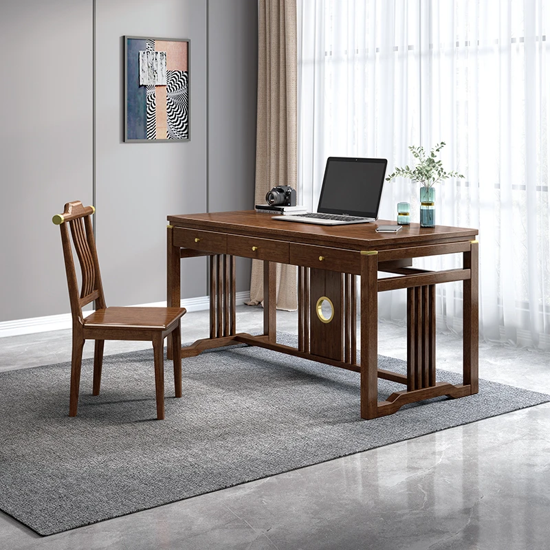 胡桃木实木书桌新中式家用简约轻奢书房椅台式带抽书法桌 M200925