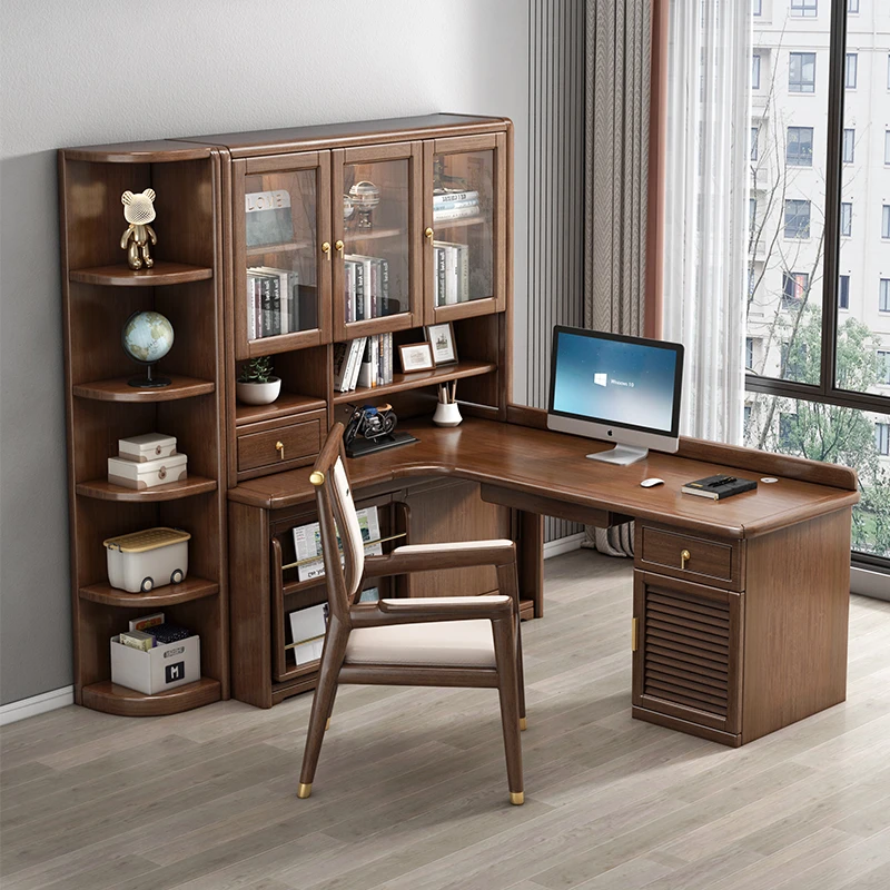 胡桃木实木转角书桌新中式书架书柜家用台式学习电脑桌   M230247