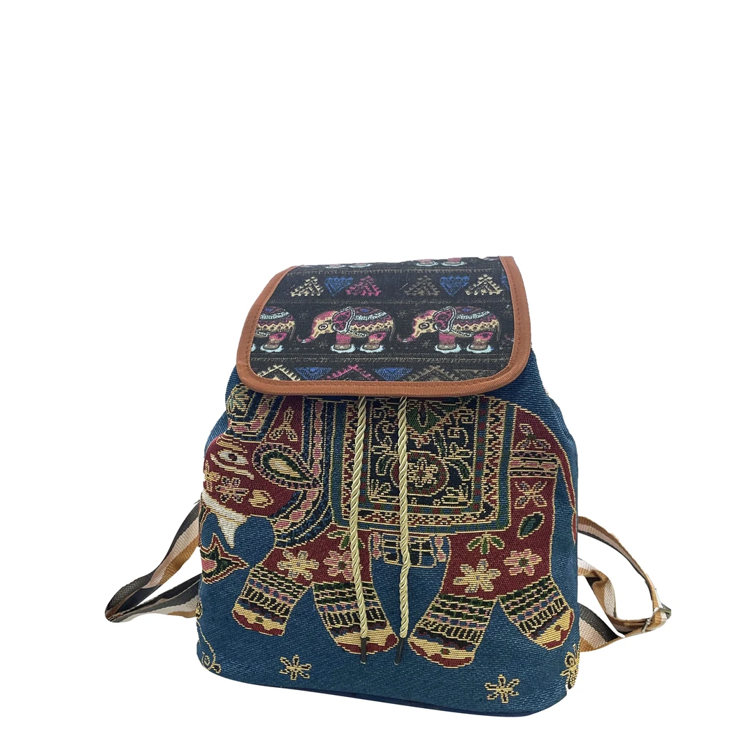 民族风休闲刺绣双肩包复古百搭女士抽绳大容量旅游背包大象布包