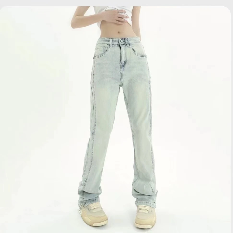 6748#美式复古侧边拼接水洗牛仔裤设计感小众潮牌高街直筒长裤