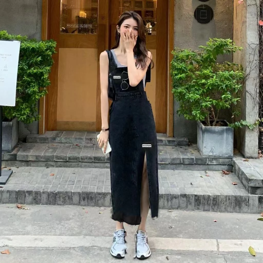 【C】M8806牛仔中长款背带裙子新款开叉宽松显瘦韩版减龄吊带连衣裙