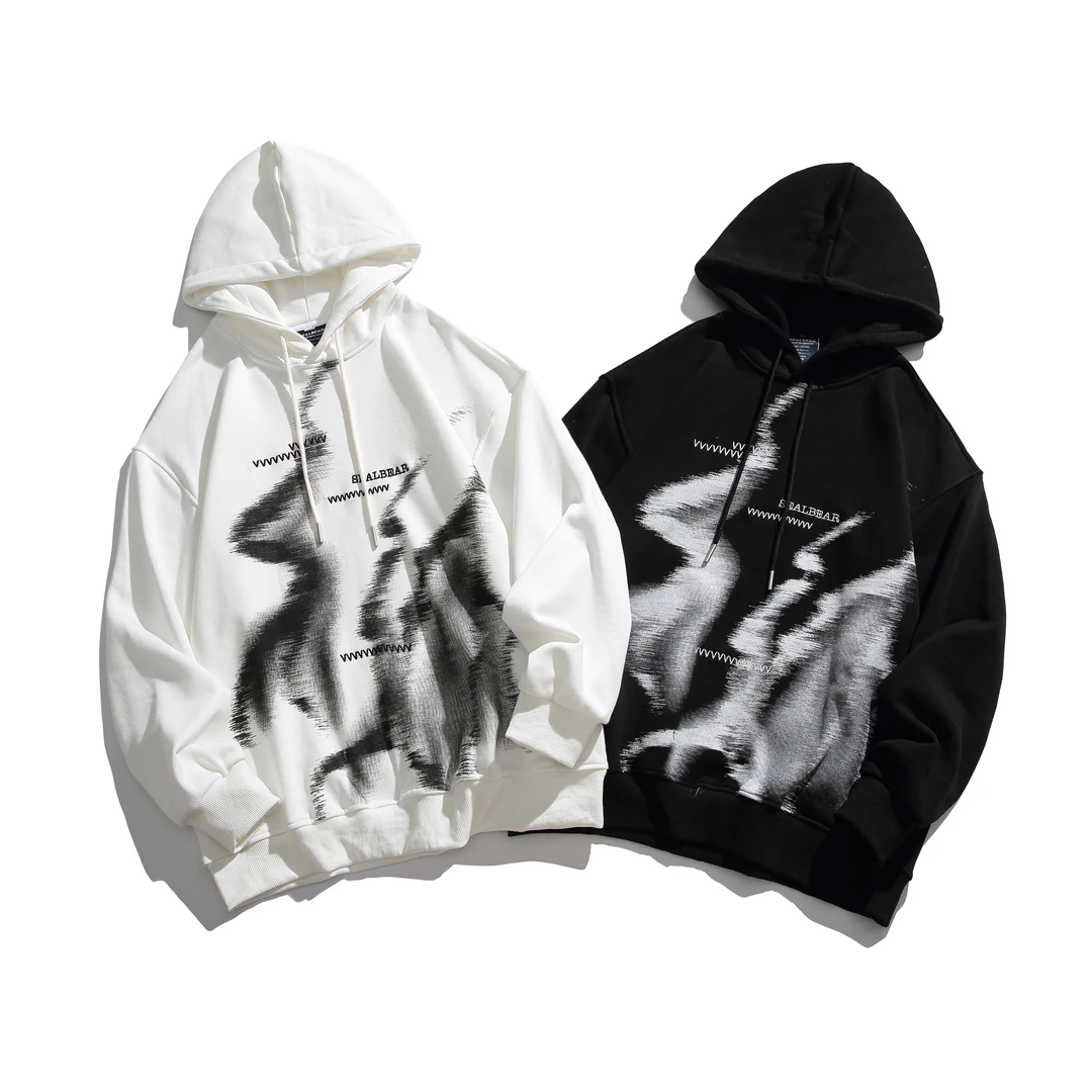 XWY17春秋潮牌美式复古设计感水墨字母情侣百搭连帽卫衣