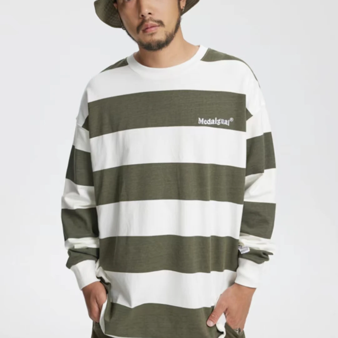 WY82潮牌复古简约情侣百搭宽松刺绣条纹海魂衫卫衣