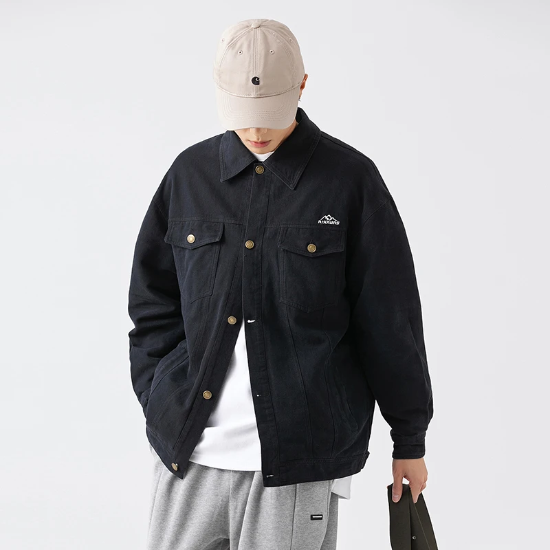 J8159春秋潮牌ins森系情侣百搭宽松山峰刺绣翻领工装夹克