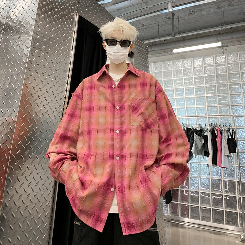 Q2475美式复古高街情侣百搭休闲宽松毛边提花格子长袖衬衫