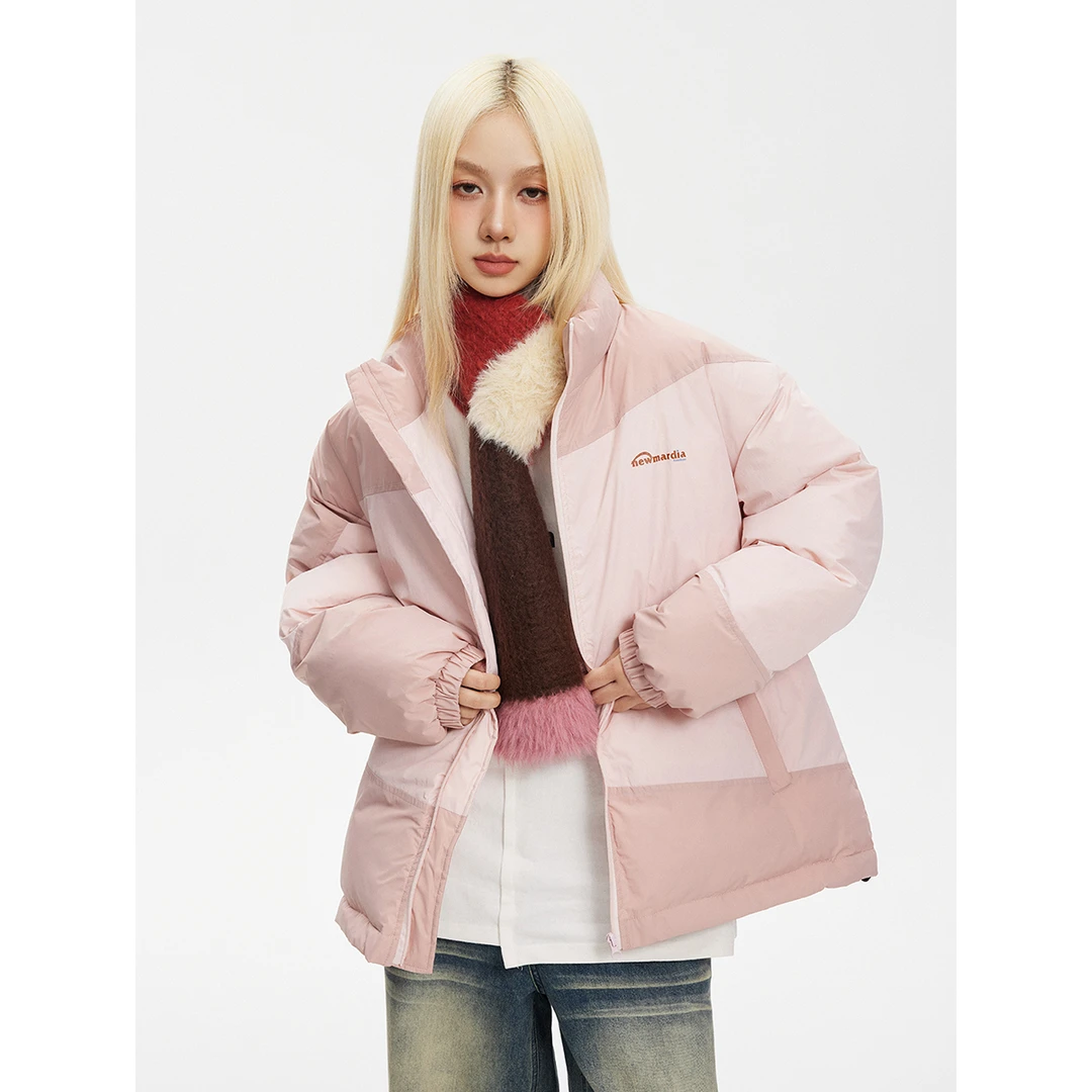 F2329美式潮牌冬季保暖设计感拼色字母情侣百搭休闲立领棉衣