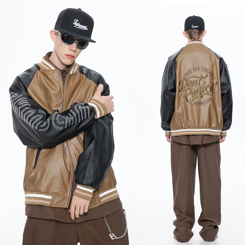 潮牌休闲情侣宽松街头美式PU皮字母棒球服夹克C2578