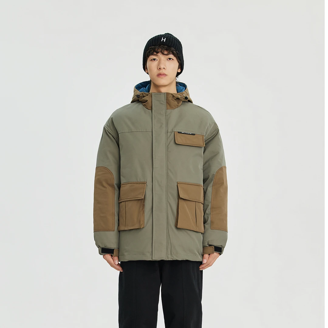 W1989港风潮牌冬季保暖情侣百搭设计感拼色休闲连帽工装棉衣