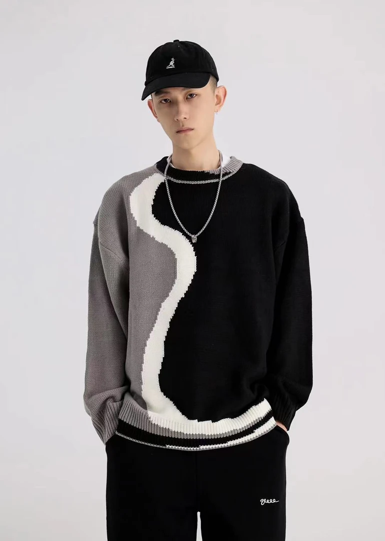 M9920日系复古秋冬季慵懒风撞色拼接圆领针织毛衣