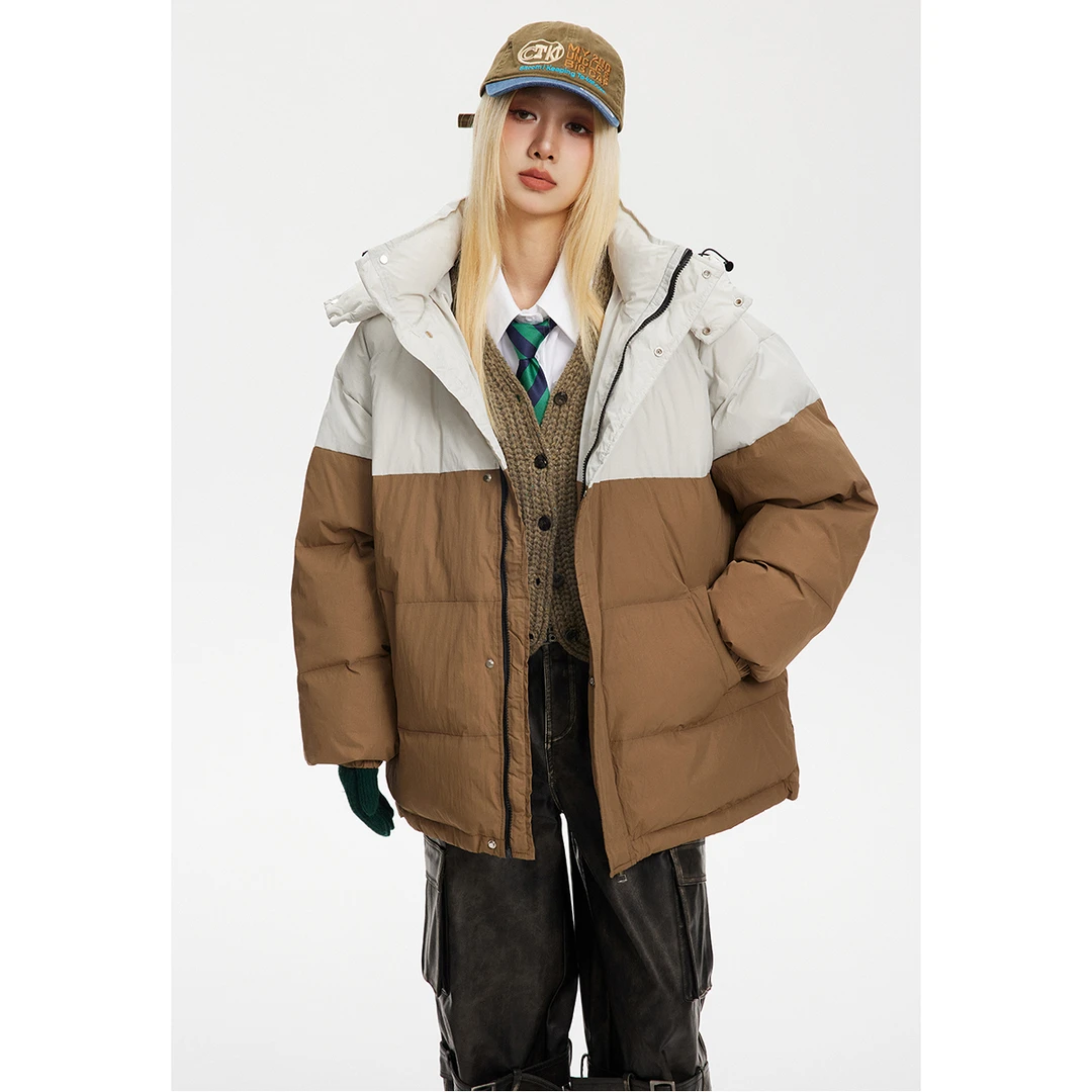 F2308港风潮牌冬季保暖情侣百搭设计感拼色休闲连帽棉衣断码L