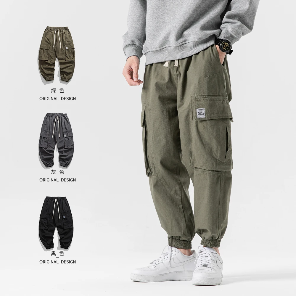 K9174潮牌春秋日系简约松紧腰系带百搭工装束脚长裤