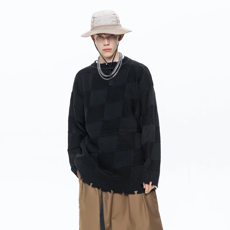 潮牌日系复古设计感针织衫棋盘格圆领套头毛衣D142
