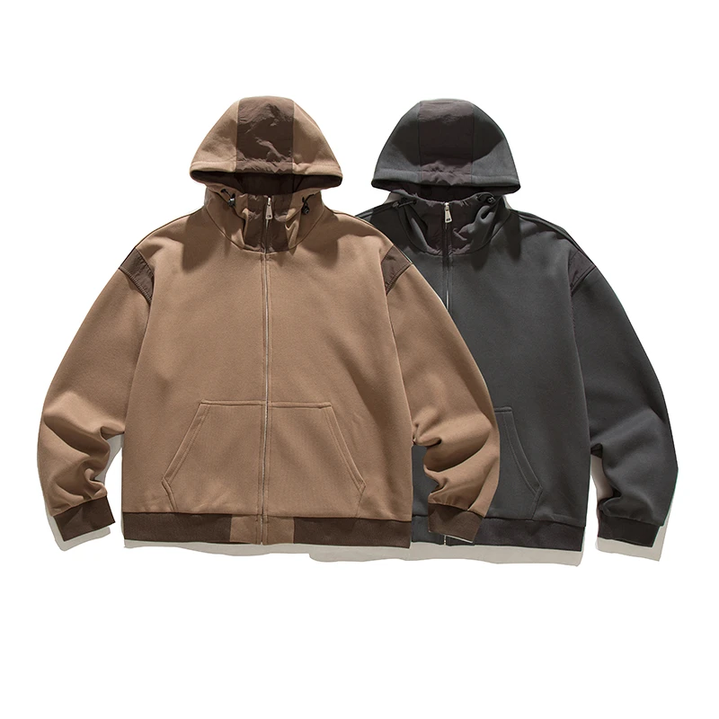 426春秋潮牌港风拼接撞色情侣宽松百搭开衫连帽卫衣