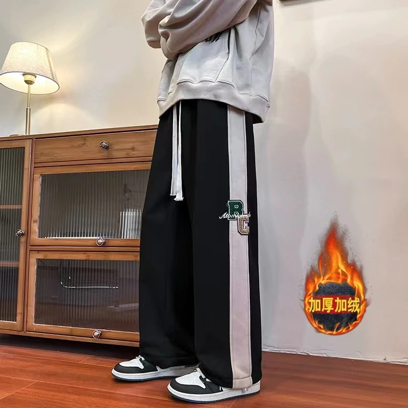 K342潮牌美式hiphop高街撞色拼接冬季保暖阔腿休闲字母运动卫裤