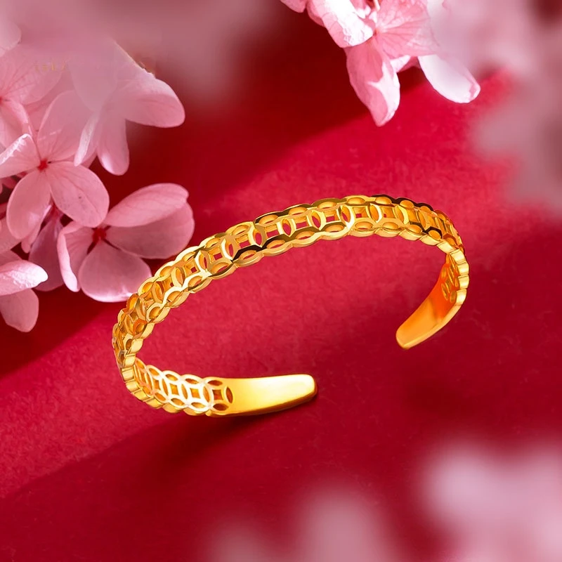 铜合金手镯 金钱开口手镯经典复古女款镯子气质高级感时尚手环