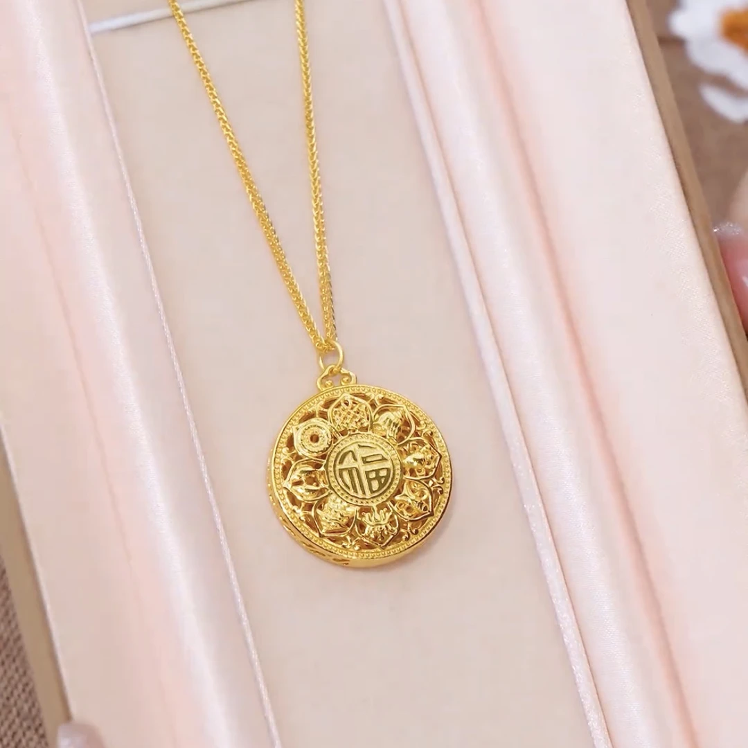铜合金吊坠 福字八宝罗盘项链小众设计国潮金色圆形项链女款福字