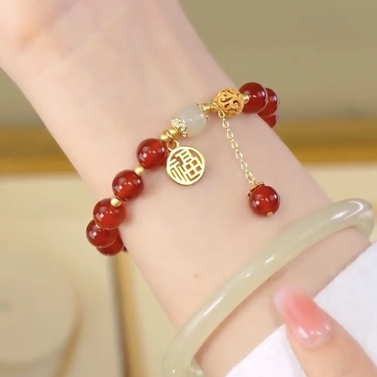 铜合金手链 福牌红色珠子新款送女朋友礼物设计流苏手串网红饰品