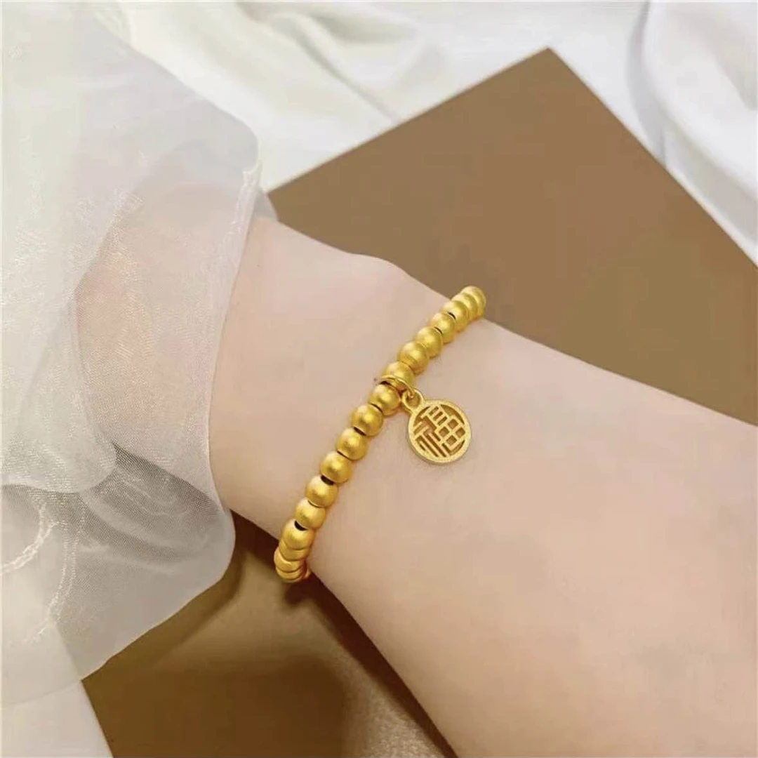 铜合金手链 纳福转运珠手链女款福字圆牌手串时尚饰品金色手饰品