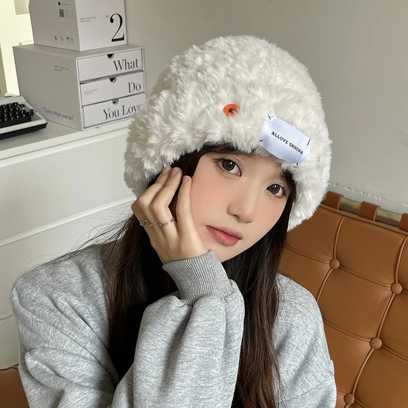 白鹿同款帽子女秋冬毛绒渔夫帽显脸小加厚羊羔茸护耳保暖针织盆帽