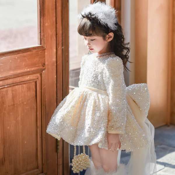 秋冬长袖加绒加厚重工爆闪亮片洛丽塔公主裙生日裙花童拖尾礼服裙