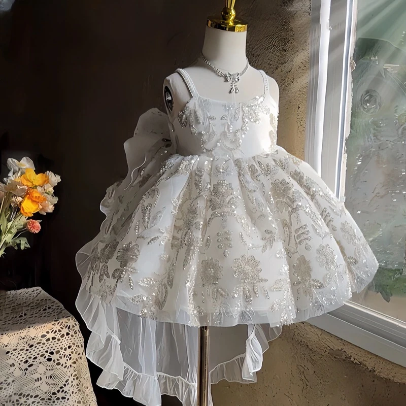 【轻奢系列】重工八音盒白色千金亮片蓬蓬裙生日公主裙女童夏连衣裙