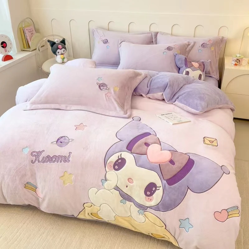 加绒加厚牛奶绒贴布绣玉桂狗四件套卡通库洛米学生儿童保暖三件套