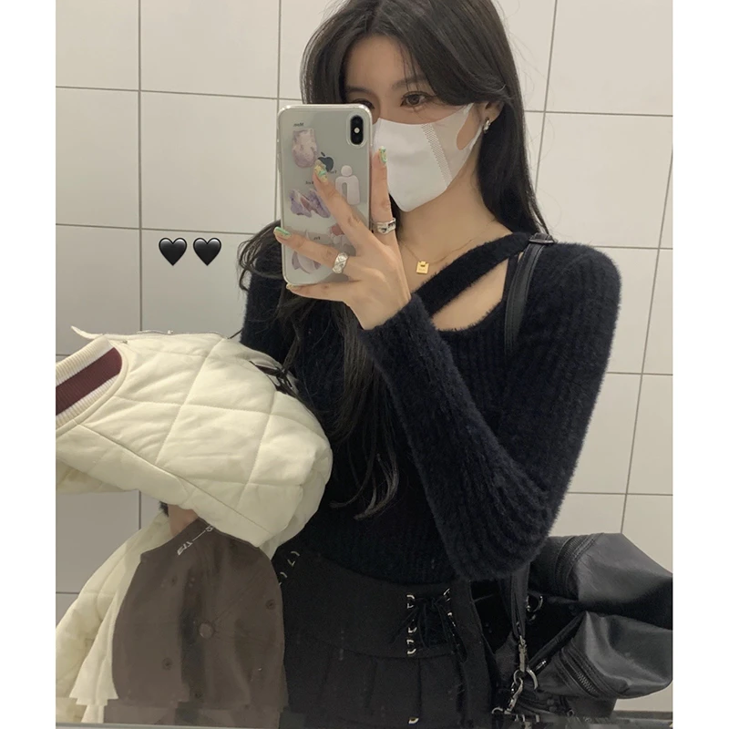 白水女 毛绒绒保暖不规则显瘦长袖套头百搭针织衫上衣 B2101178