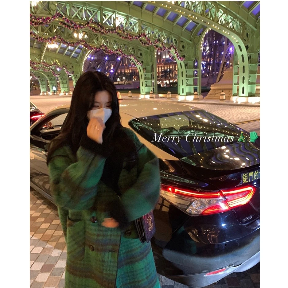 白水女【清仓！】格纹撞色毛呢外套女宽松西装领长款大衣 B2112269