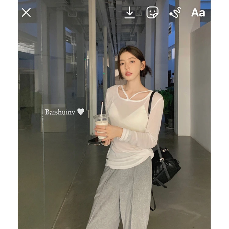 【清仓！】白水女软糯面膜T~纯欲罩衫!!薄款上衣微透朦胧美B3083165