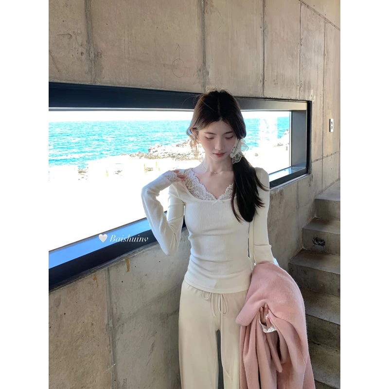 白水女纯欲奶兔~蕾丝花边T恤修身V领拼接显瘦气质上衣 B40944666