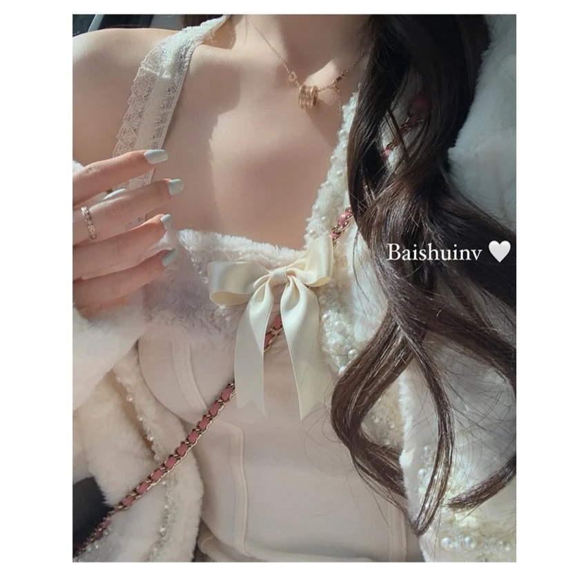 白水女 蝴蝶结锁骨设计感一字肩挂脖吊带 B2111229-A B2111229-DD