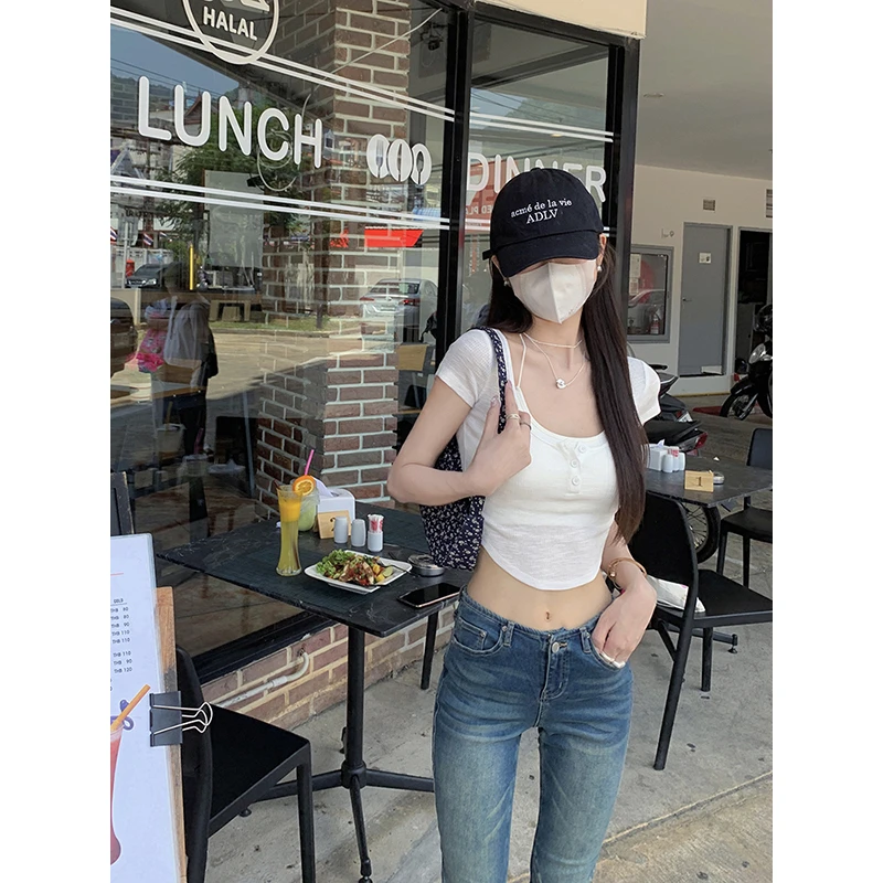 白水女 纯欲拉满~夏季辣妹修身u领紧身短款T恤上衣 B30310039
