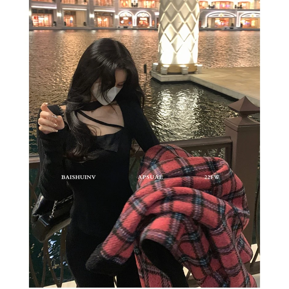 白水女【现现】纯欲欧尼~假两件修身小众磨毛长袖t恤上衣 B2121108