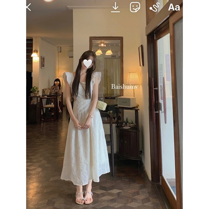 【现货】白水女 半口奶酪~小飞袖方领吊带连衣裙露腰长裙 B3071247