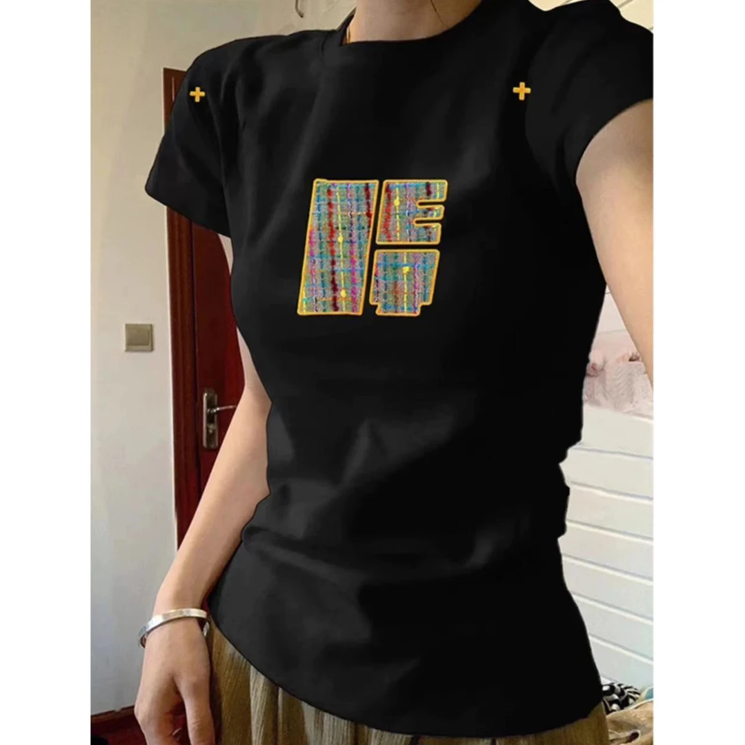 正肩美式印花短袖t恤女夏季设计感小众修身收腰显瘦辣妹紧身上衣