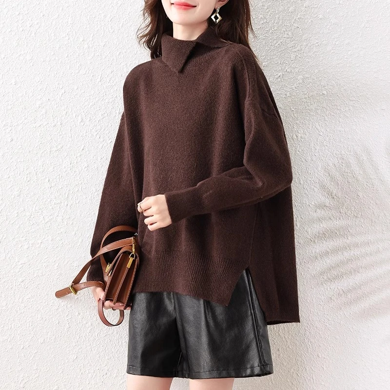 复古慵懒风咖色高领毛衣针织衫女2024冬季新款宽松设计感开叉上衣