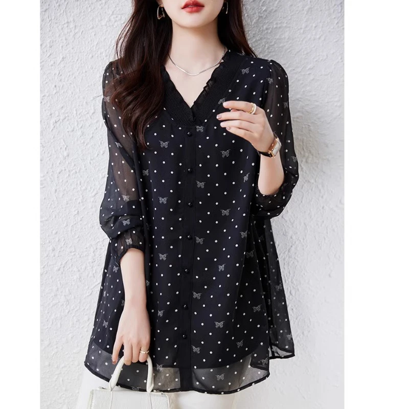 2024秋季新款大码女装胖MM宽松时尚雪纺衫减龄显瘦遮肚长袖T恤潮