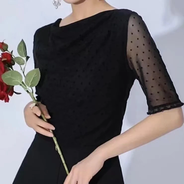 GIRDEAR/哥弟夏季显瘦时尚黑色简约修身短袖欧莎纱衣t恤女1300779