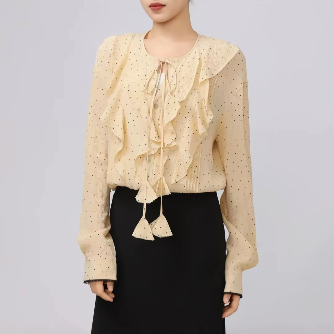 GIRDEAR/哥弟气质时尚百搭圆领多层荷叶边长袖衬衫女士1301023