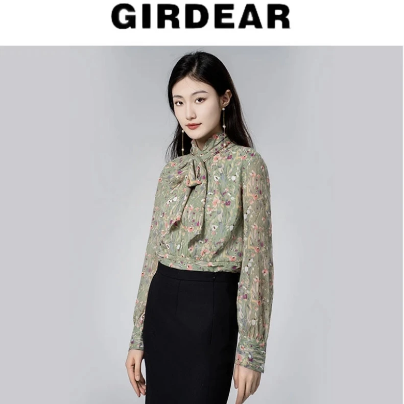 GIRDEAR/哥弟百搭气质法式飘带设计截短套头花衬衫1300934