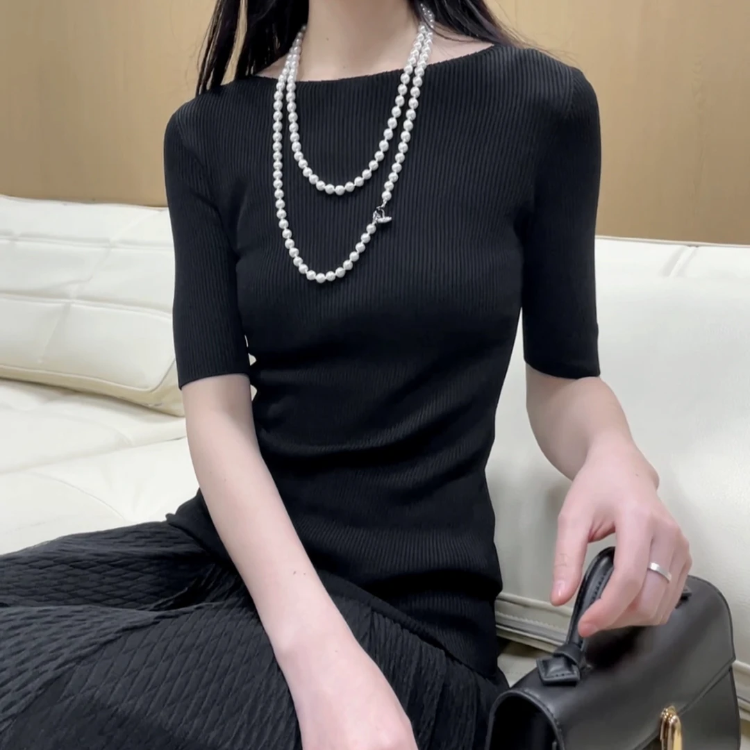 GIRDEAR/哥弟夏季正肩针织半袖纯色宽松一字领短袖t恤女1399739