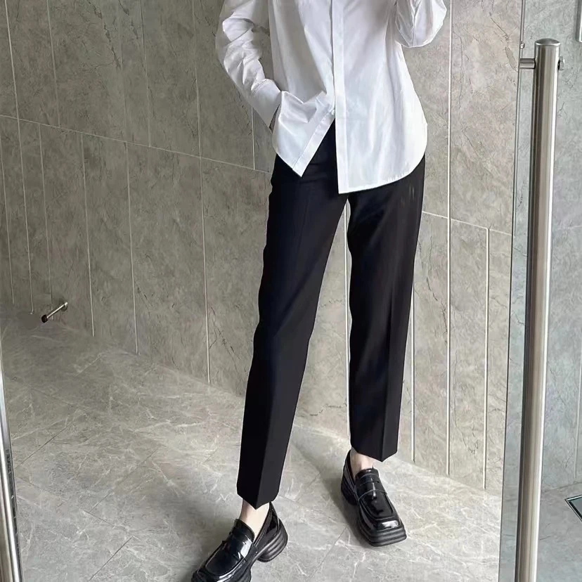 GIRDEAR/哥弟通勤纯色松紧腰烟管直筒九分裤1100279