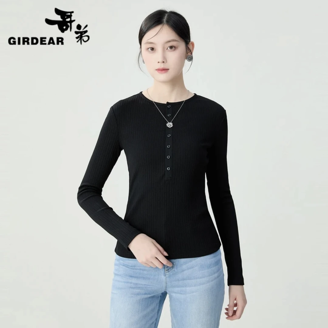 GIRDEAR/哥弟新款早秋时尚气质百搭显瘦薄款圆领长袖上衣1301032