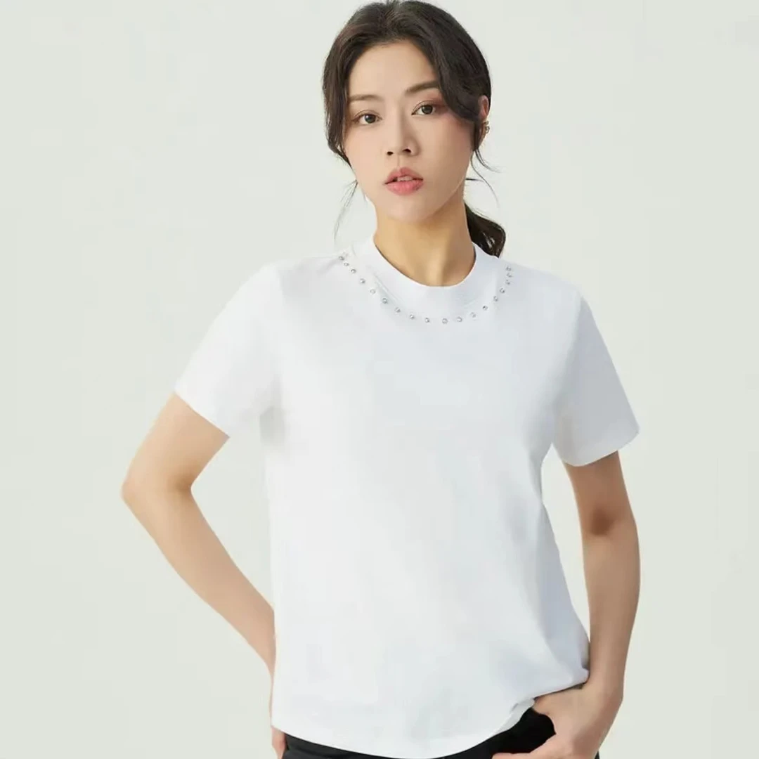 GIRDEAR/哥弟夏季上衣白色减龄百搭精致烫钻圆领短袖t恤女1300966