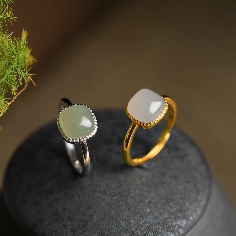 晶妃恋天然和田玉戒指女款公主方指环时尚简约款珠宝送人佳礼物